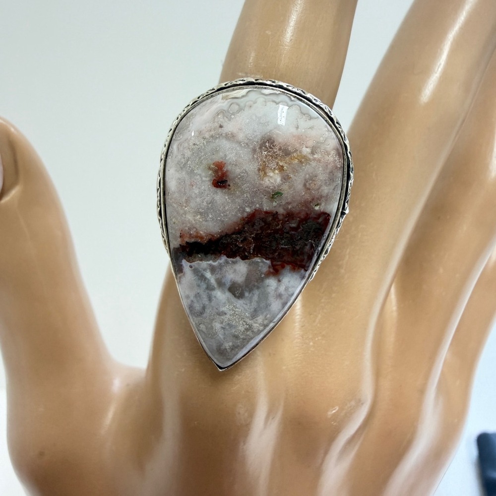 Hand Crafted Silver Plated Orca Agate Teardrop Statement Ring Size 6 Gift Box